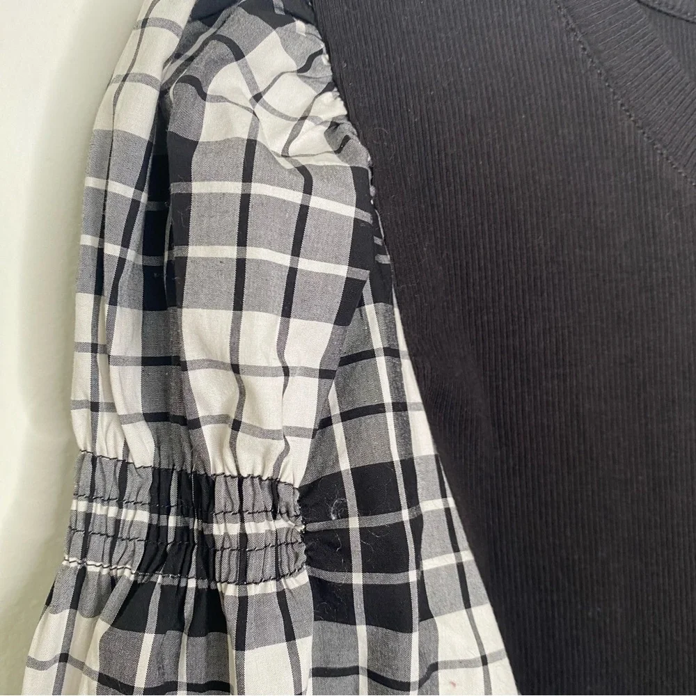 Loft Long Plaid Sleeve Knit Top Black Ivory Sz M